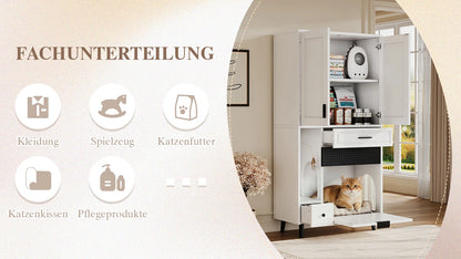 Multifunctional Cat Storage Cabinet with Stable Construction, Adjustable Shelves, Drawers, and Cat Bed Area – Cozy Activity Space for Cats, Pet Furniture with Arch Openings
