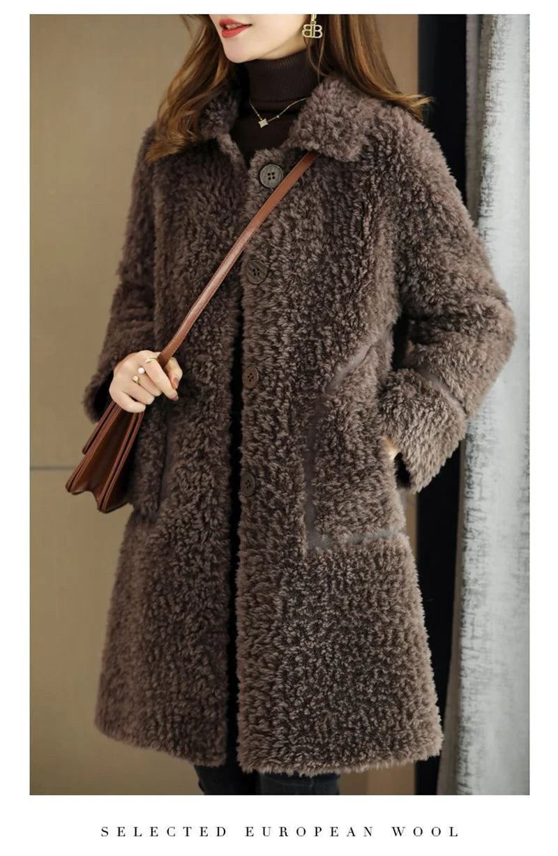 Female Winter Slim Grain Wool Middle Long Coat Women New Middle-Aged And Elderly Cashmere Thickened Imitation Lamb Wool Overcoat