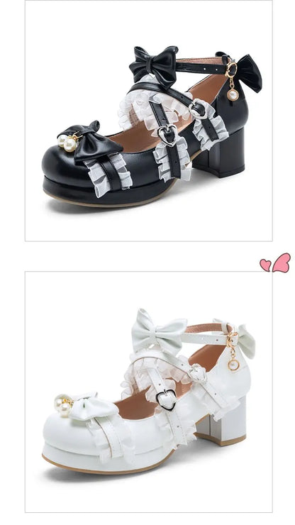 NASBAVI White Lace Bow Cosplay High Heels Women Cross Strap Buckle Platform Mary Jane Shoes Female Party Princess Lolita Pumps