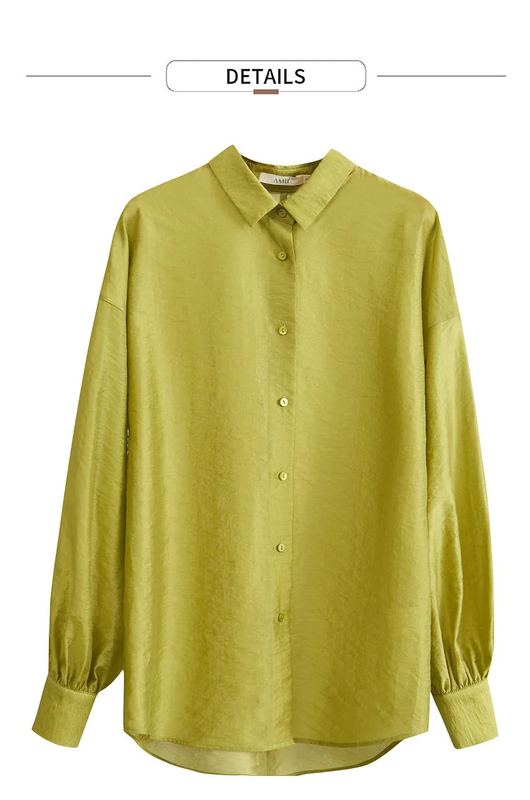 AMII Minimalist Blouse for Women 2023 Autumn Lantern Sleeve V-Neck Slightly Transparent Elegant Commuter Clothing Tops 72341030