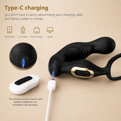 Prostate Massager Vibrator Sex Toy for Men Anal Butt Plug Rechargeable 360 Rotating Head Remote Control Penis Ring Waterproof