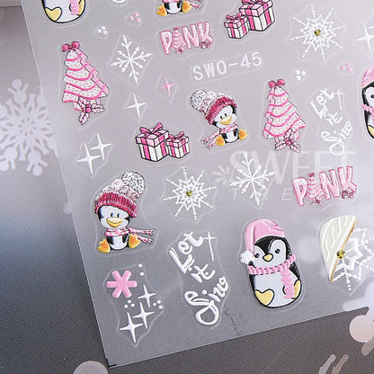 5D Embossed Christmas Nail Stickers Gingerbread Man Snowflake Snowman Penguin Nail Decal Autumn Winter Nail Supplies Decoration