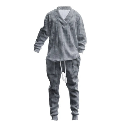 2025 Cross-border New Men's Casual Trousers V-Neck Versatile Jacquard Knitted Sweater Set