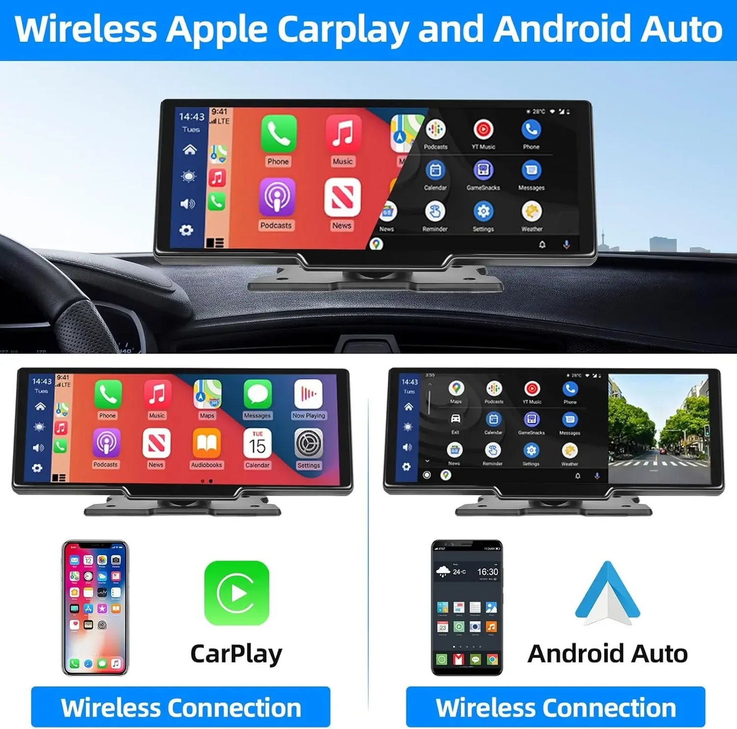 10.26 inch Car Play Screen,Wireless CarPlay & Android Auto Dash Cam Rear Camera Multimedia Stereo,AUX FM Radio,Car Touchscreen