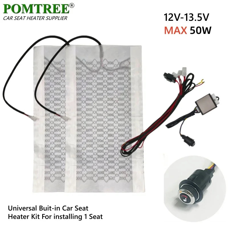 12V 50W Universal Built-in Car Seat Heater Kit Fit 1 Seat,2pcs Carbon Fiber heating Pads Single Control Switch with Harness