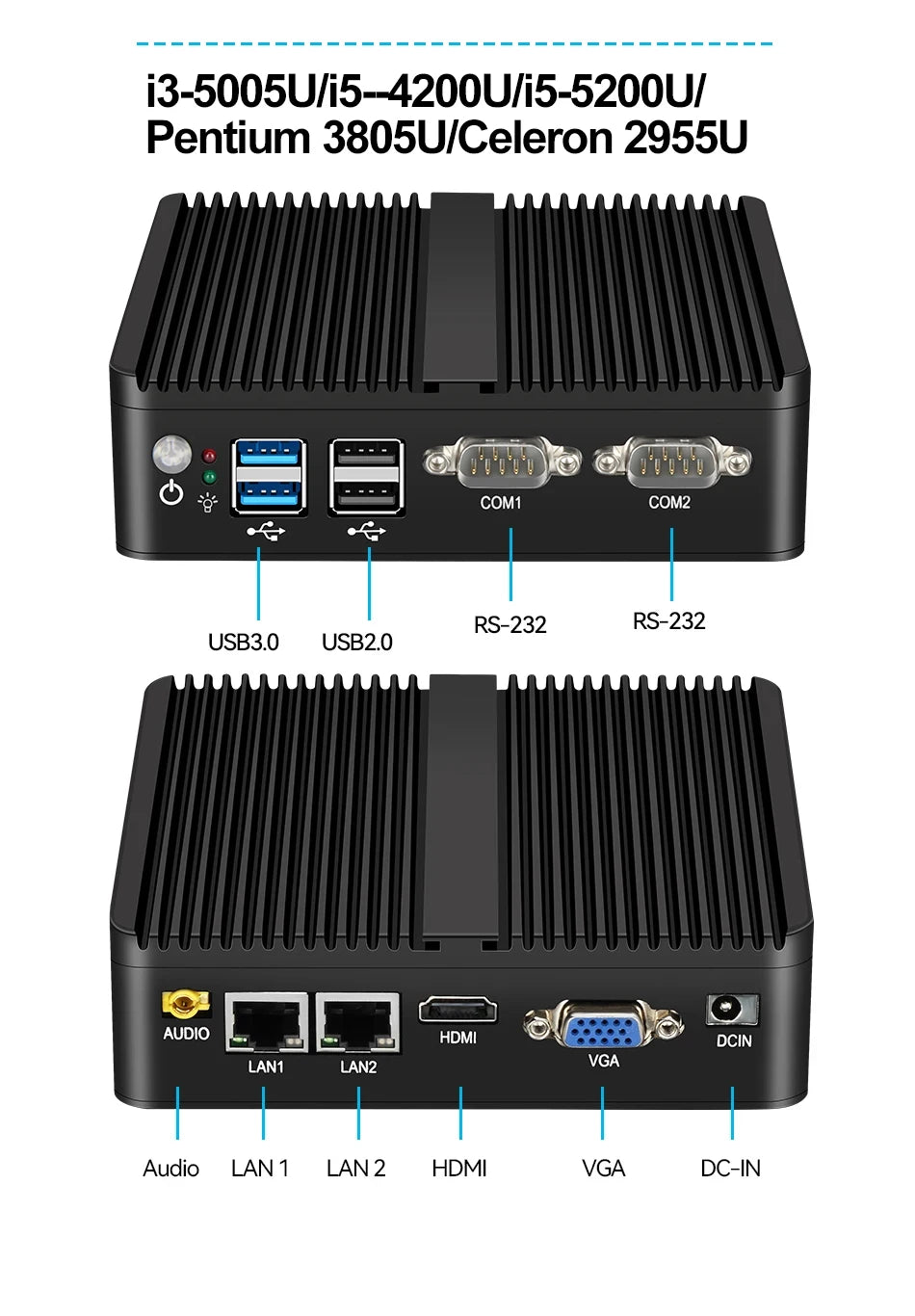 XCY Fanless Mini PC Intel Celeron J6412 N5095 2x GbE LAN 2x RS232 HDMI VGA WiFi 4G LTE Windows 10 Linux Industrial Computer
