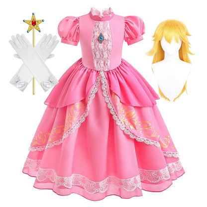 Peach Princess Costume with LED Color Light Toddler Birthday Game Role Play Dress Girl Halloween Festival Gown Pink Lace 4-8 Y