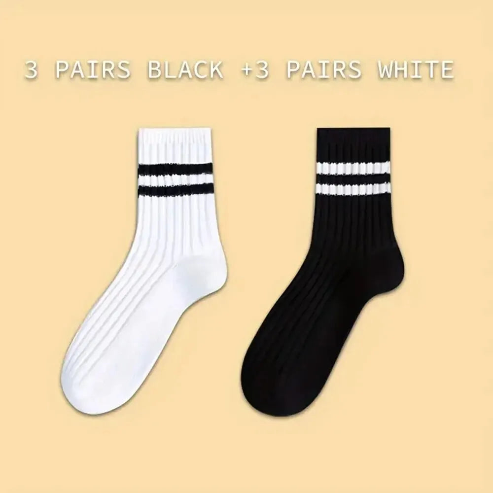 6/10 Pairs Men's Socks Spring Autumn Simple Casual Black White Striped Socks Breathable Mid Tube Sock High-quality Round Neck