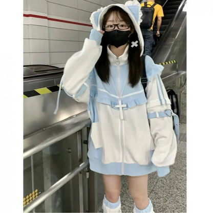 Cute Cat Ears Contrast Color Hoodies Coat Women Ruffled Patchwork Loose Sweatshirt Harajuku Zipper Y2k Aesthetic Casual Hoody