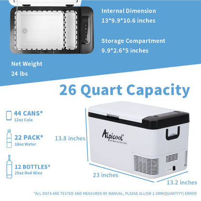 Alpicool K25 25L Compressor Car Fridge Freezer, DC 12v Camping Refrigerator, Portable Mini Cool Box for TruckCampervanRVBoat,