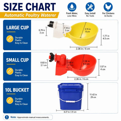1/5PCS Automatic Poultry Waterer 10L Bucket with Drinking Cups, Chicken Duck Goose Pigeon Water Bowl Feeder Farm Coop Supplies