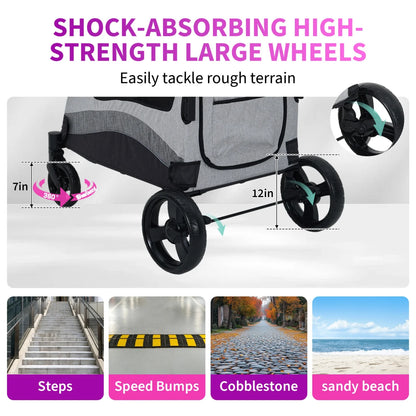 Heavy Duty Pet Wagon & Large Dog Stroller , Collapsible Dog Cart with Adjustable Handle, Breathable Mesh and Storage Pockets