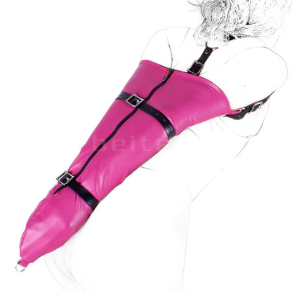 Leather Tight Single Glove Straight Arm Binder Over Shoulder Straps BDSM Bondage Arm Cuffs Zipper Body Harness Adult Roleplay