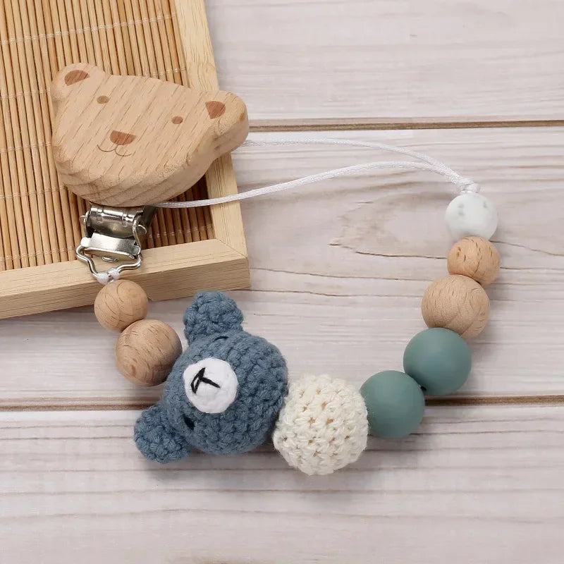Cartoon Bunny Pacifier Chain Clip Wood Crochet Bear Teething Chain Baby Teether Soother Holder Newborn Chew Toys Pacifier Clips