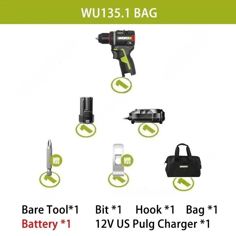 WORX WU135 Cordless Electric Drill 12V 50Nm 1800rpm Brushless Motor for Home Improvement Carpentry Metalworking Smart clutch