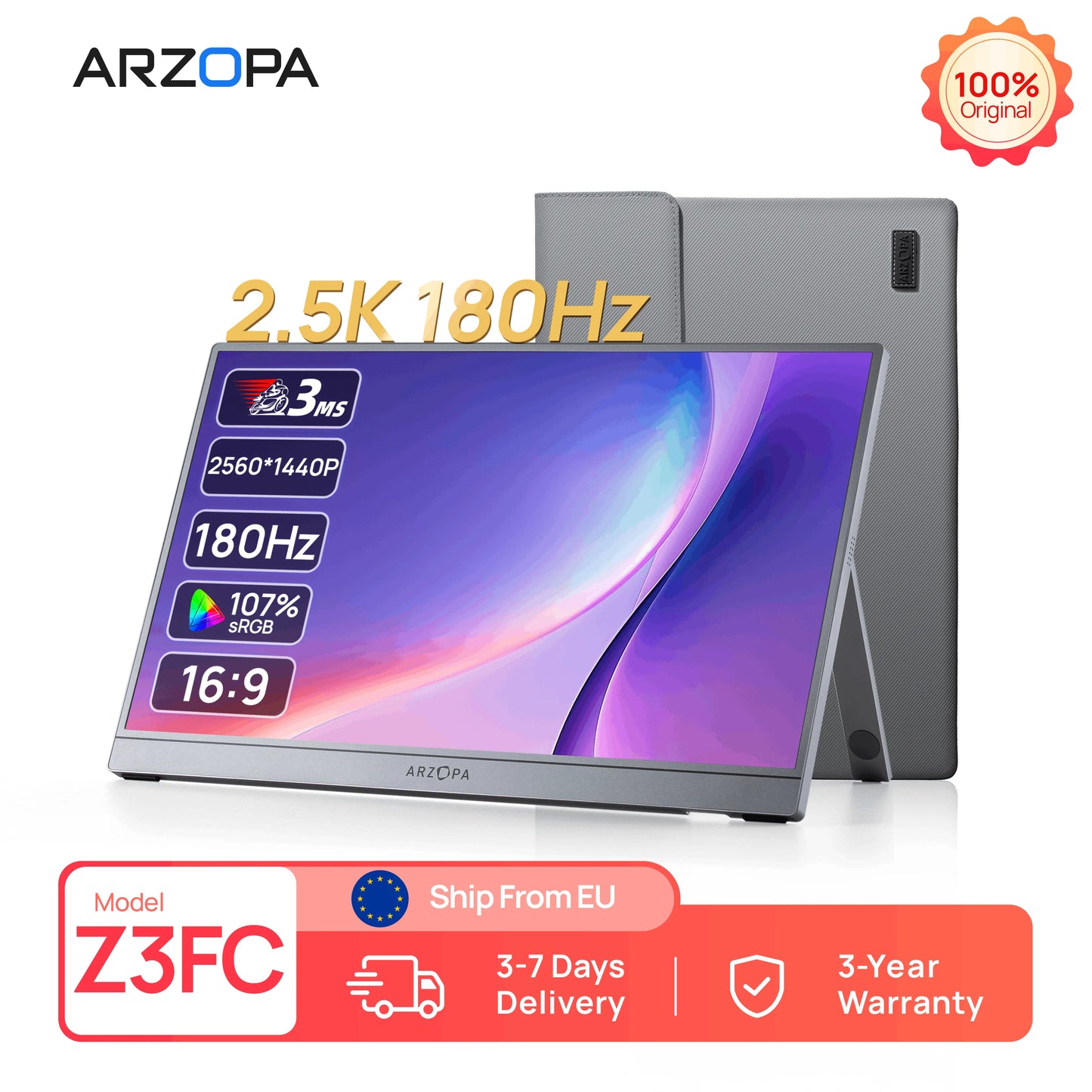 ARZOPA 16.1 inch 2.5k 180HZ External Portable Monitor HDR IPS Screen Second PC Displays for Gaming Working Anytime Anywhere Z3FC