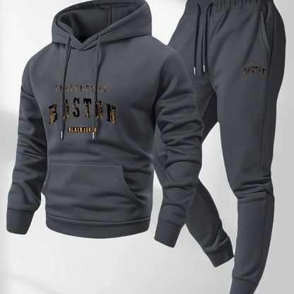Men's Boston print hooded sweatshirt and sweatpants soft and comfortable thin velvet warm sweatpants set autumn and winter