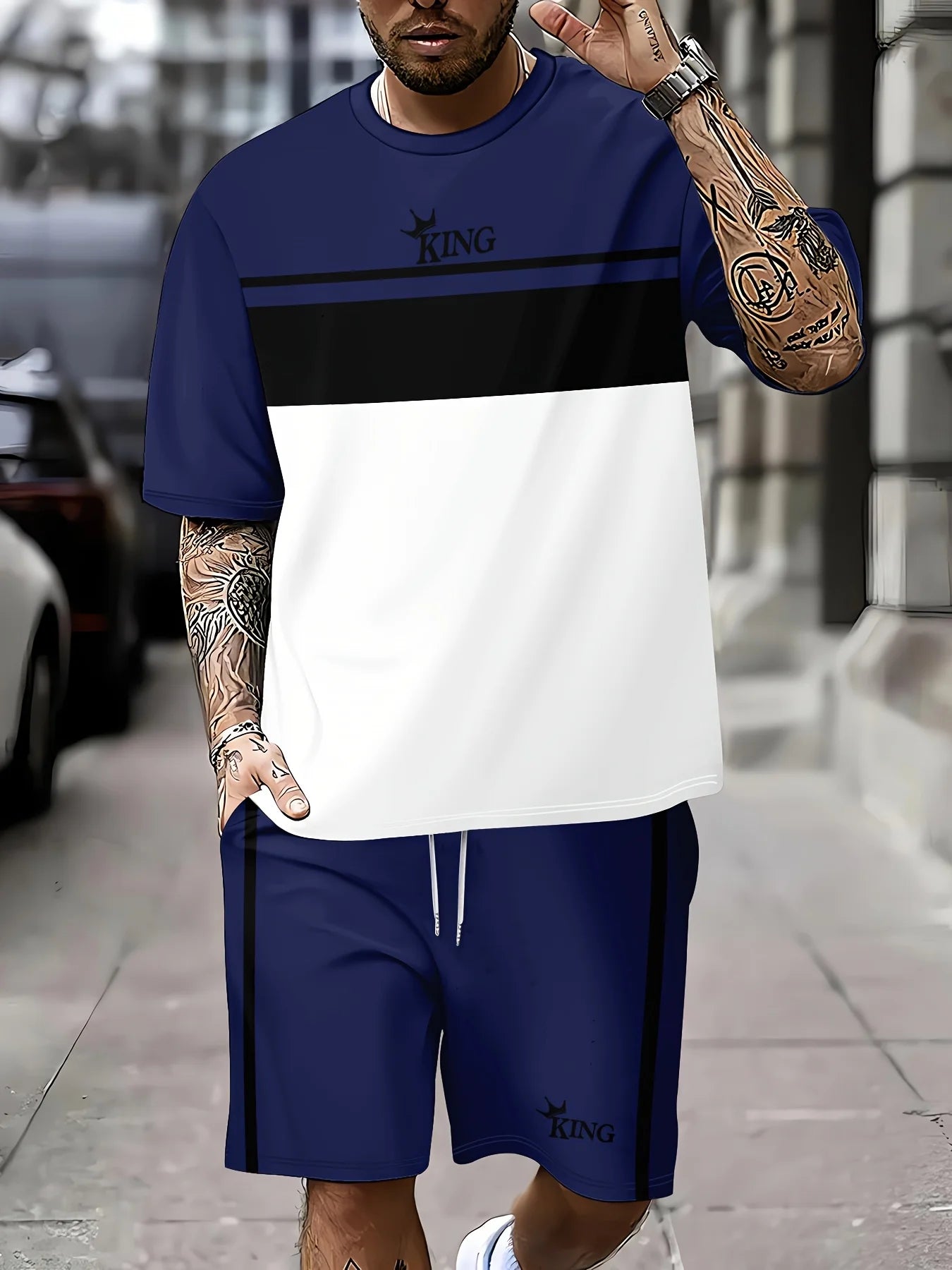 2026 Summer New Arrival Men's Casual Two-Piece Set Striped Print Short-Sleeve Shirt and Athletic Shorts Set Men's Fitness Set