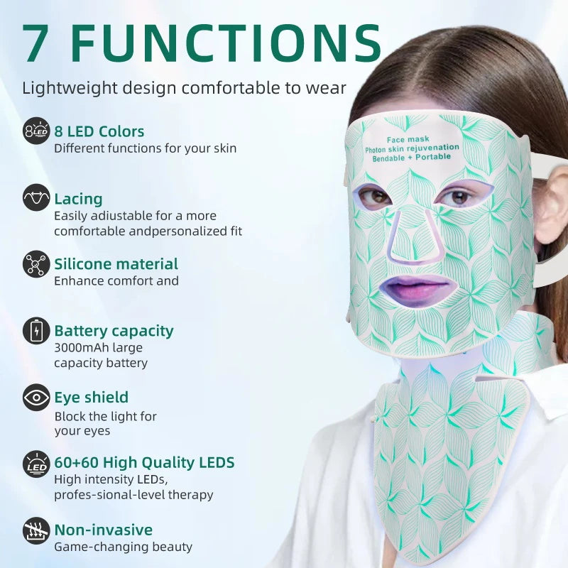 8 Colors Facial LED Mask with Neck Red Light Near Infrared Therapy Beauty Mask Anti Aging Skin Rejuvenation Lifting Tighten