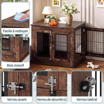 Garvee Wooden Dog Crate Furniture 80×60×66cm, Rustic Brown Pet Kennel with Openable Top and Double Lockable Doors, Bite Resistant Escape Proof Indoor Dog House Side Table