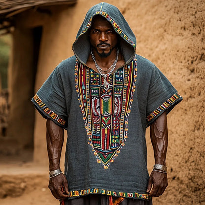 Ethnic Men's Summer Sleeveless linen Casual Pullover Hoodie Top 2025 Vintage Print V-neck Trendy Perspective Hoodie Sweatshirt