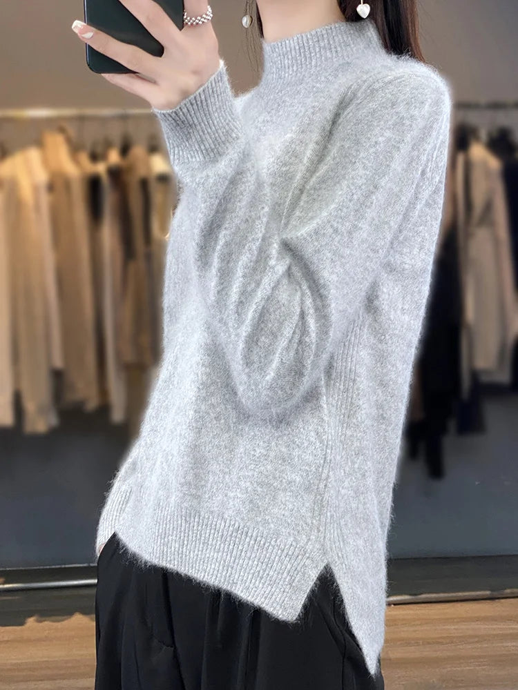 100% Mink Cashmere Sweater Women's Half High Collar Pullover Long Sleeve Cashmere Knitwear Fashion Autumn Winter Female Clothing