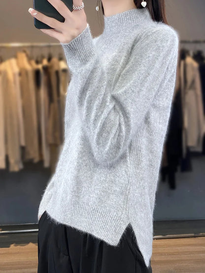 100% Mink Cashmere Sweater Women's Half High Collar Pullover Long Sleeve Cashmere Knitwear Fashion Autumn Winter Female Clothing