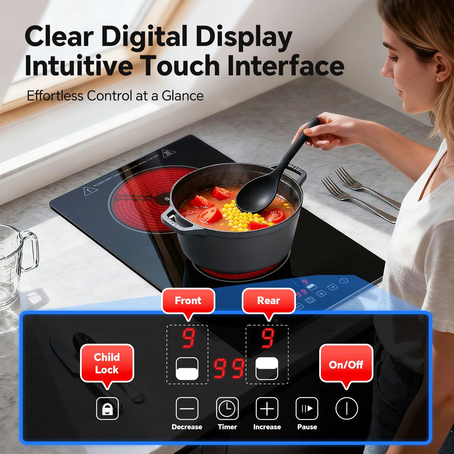 2-Zone Ceramic Hob, 3000W with Child Lock, 9 Heat Levels, 1-99min Timer, Black (CE Certified)