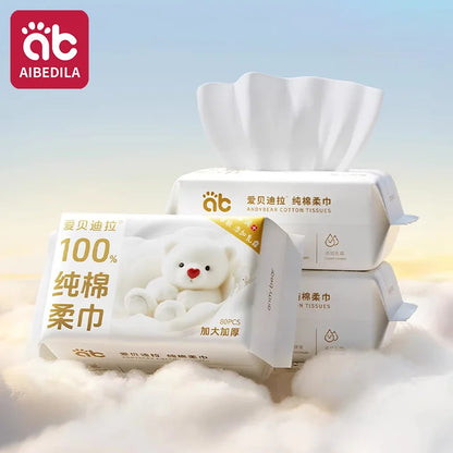 AIBEDILA Newborn Baby Cotton Dry Wipes Unscented Hypoallergenic 3-in-1 Clean Care Thick Facial Towels for Sensitive Infant Skin