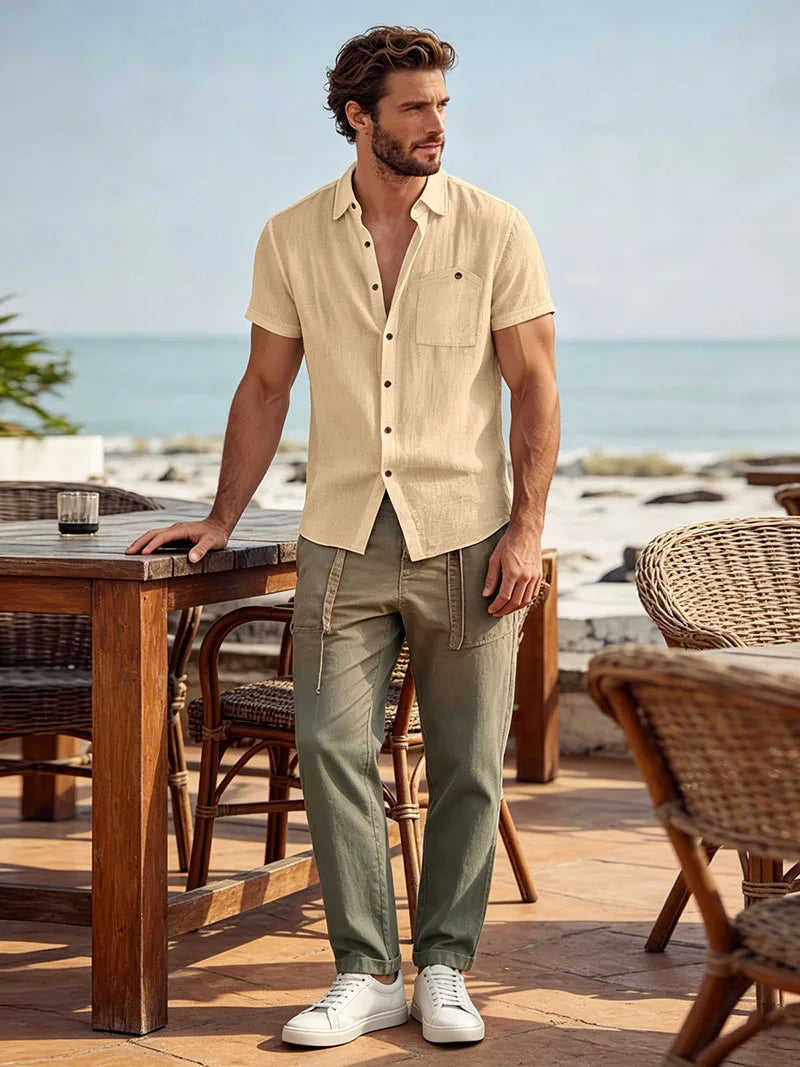 Men's Linen Blend Short Sleeve Button Down Shirt Casual Beach Top with Chest Pocket Breathable Lightweight Summer Shirts for Men