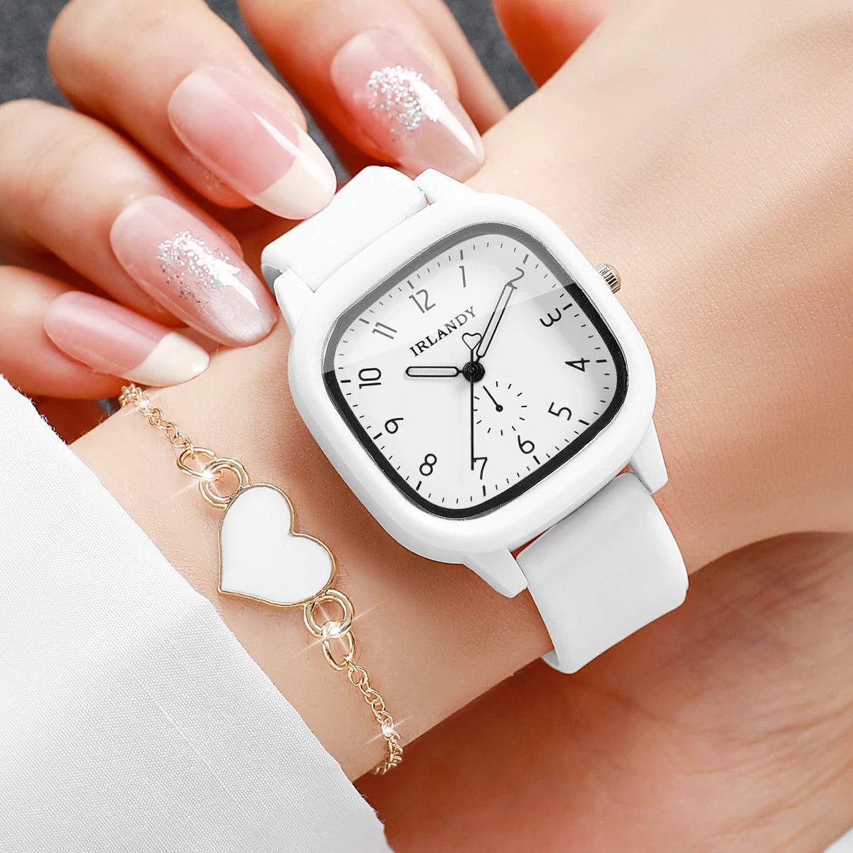 2PCS Fashion Arabic Dial Women Quartz Watch Heart Bracelet Set Square Silicone Strap Wristwatches Reloj Mujer (Without Box)