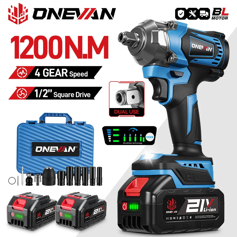 ONEVAN 1200N.M Brushless Electric Impact Wrench 1/2inch Cordless Torque Wrench Screwdriver Power Tool For Makita 18V Battery Pin