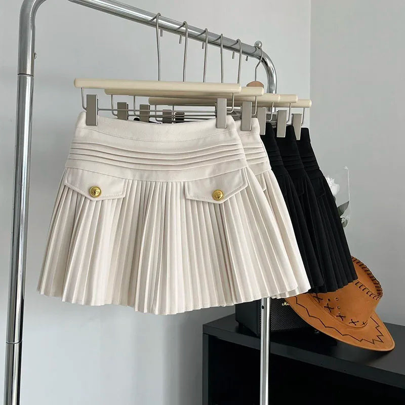 New Fashion Korean Elegant Pleated Mini Skirts Women Vintage Buttons Woolen Solid A-line High Waist Short Skirt Autumn Spring 