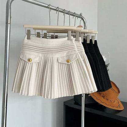 New Fashion Korean Elegant Pleated Mini Skirts Women Vintage Buttons Woolen Solid A-line High Waist Short Skirt Autumn Spring 