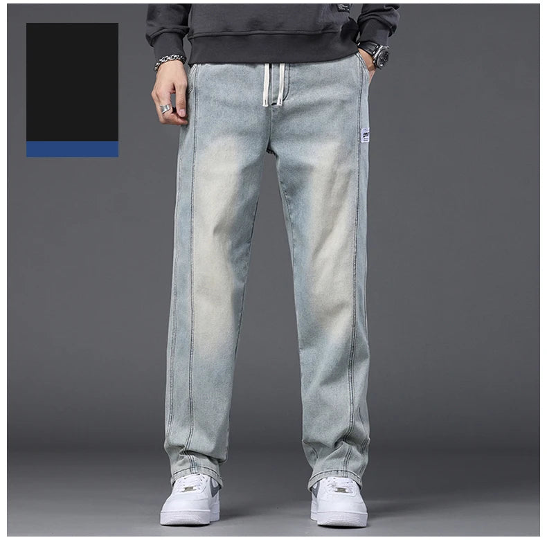 Autumn Winter Blue Jeans Men Drawstring Elastic Waist Cotton Cargo Denim Pants Work Fashion Thick Trousers Male Plus Size M-4XL