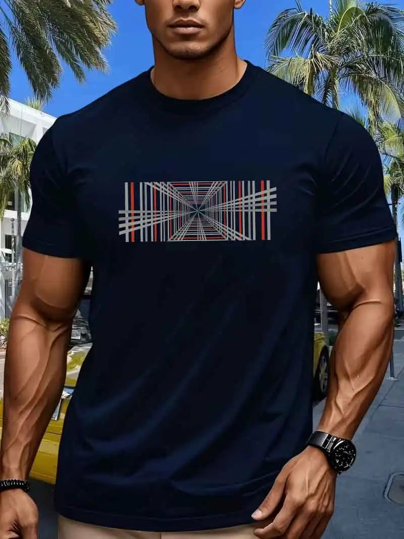 Summer men's 100% pure cotton casual fashionable loose retro compass mountain pattern printed round neck short sleeved T-shirt