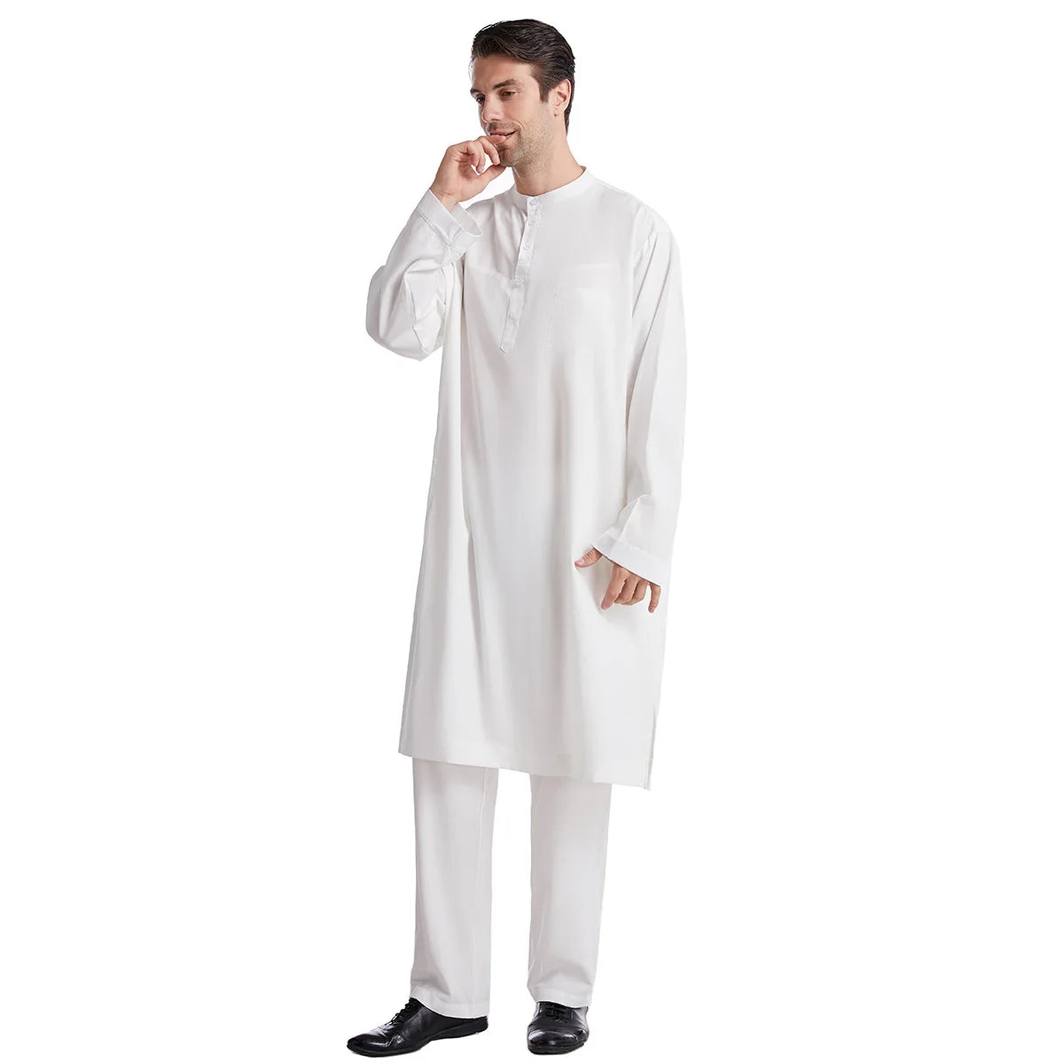 Muslim Men Jubba Thobe 2 Pice Set Top with Pant Mens Abaya Long Islamic Eid 2025 Ramadan Long Robe Saudi Wear Caftan Dubai Arab