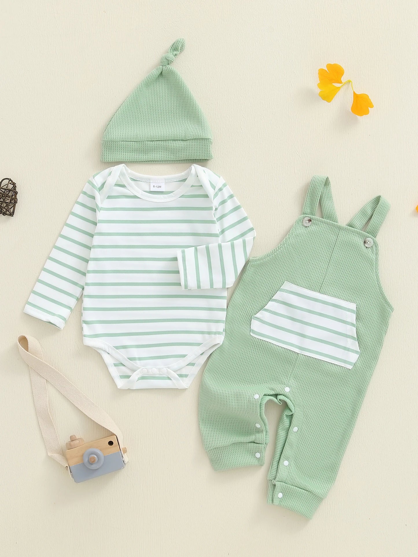 Newborn Baby Boy Fall Winter Clothes Striped Long Sleeve Romper Overall Pants Hat 3Pcs Set Cute Coming Home Outfit