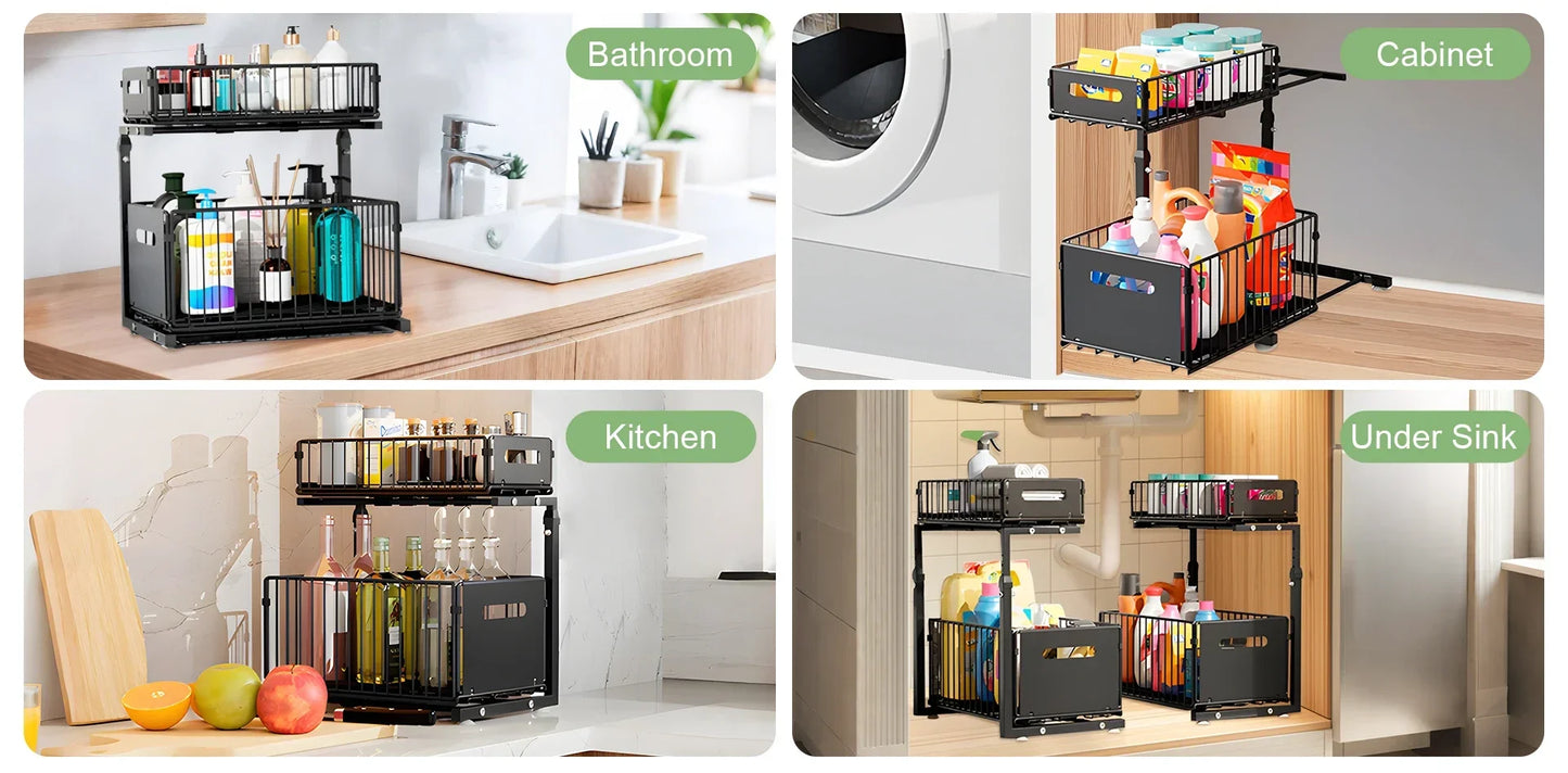 2 Tier Pull Out Cabinet Organizer Adjustable Under Sink Storage Rack Slide Out Drawer Kitchen Spice Jar Storage Shelf