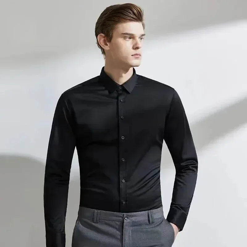 55-105KG Men's long sleeved elastic shirt, non ironing business dress, professional work attire, stand up collar shirt