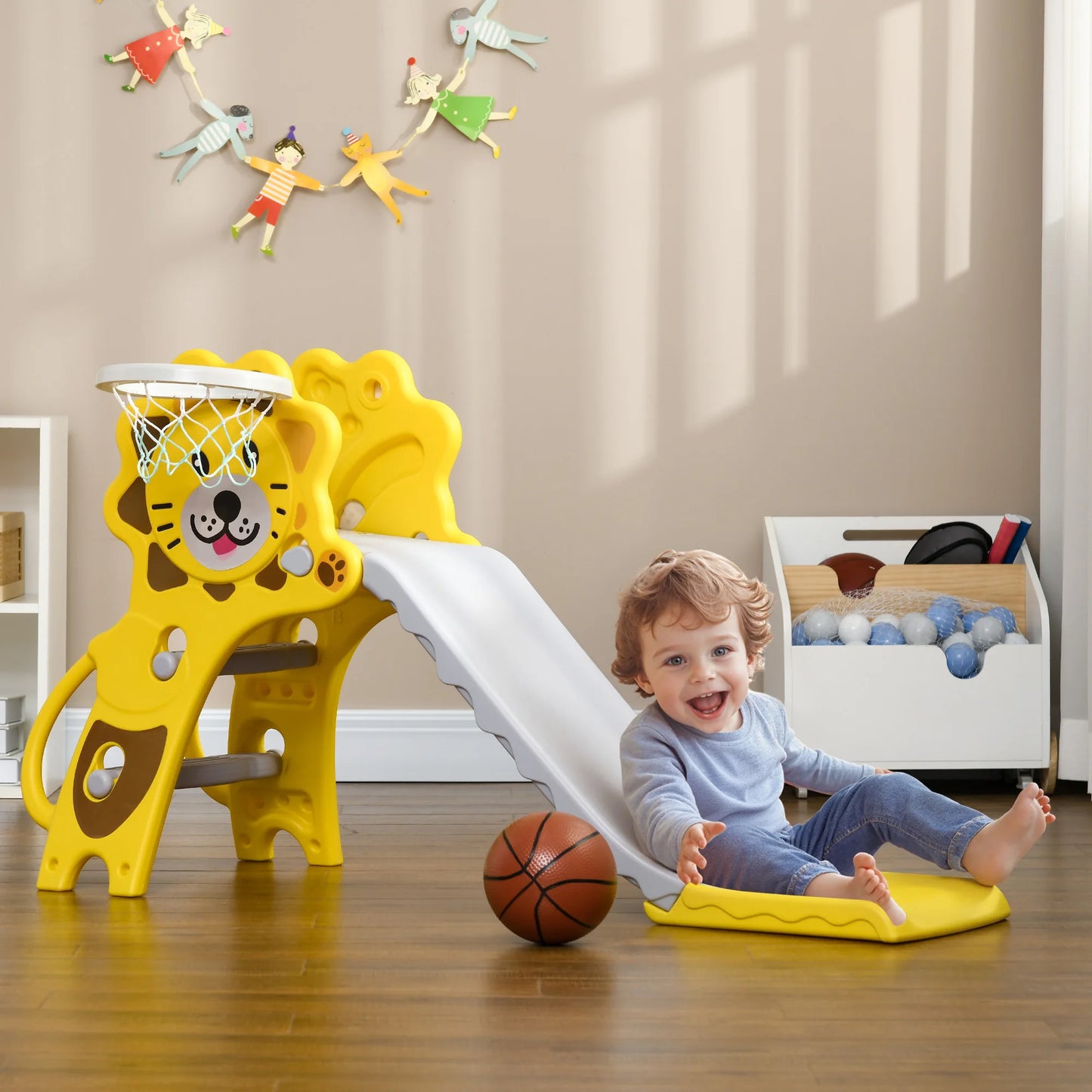 Slide for children 18-36 months with side PE basketball hoop, 131x50x74 cm, yellow and gray, toy slide, children's slide, outdoor slide