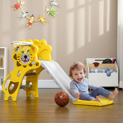 Slide for children 18-36 months with side PE basketball hoop, 131x50x74 cm, yellow and gray, toy slide, children's slide, outdoor slide