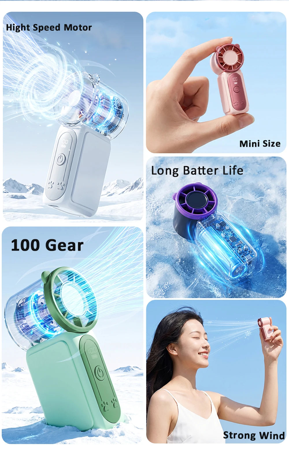Portable Handheld Fan Mini Perosonal Hand Fan USB Rechargeable Outdoor Travel Hand Fan Digital Display Pocket Fan 100Gear