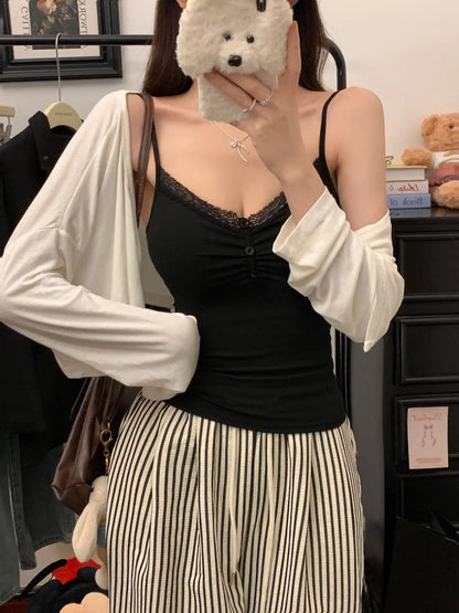 Pure Desire Sexy Lace Splice Strap Vest Women's Inner Wear Slimming Matching Top Trendy Tube Top Cotton Blend Elastic Fiber