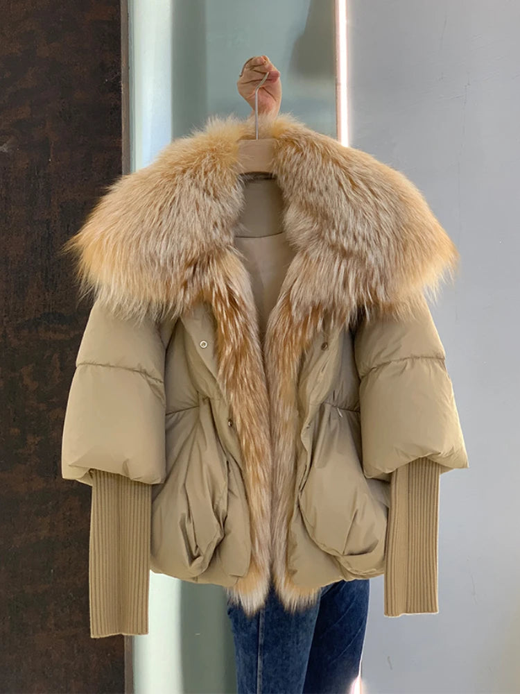 Oversized Winter Warm Real Fox Fur Collar Black Down Coat Women Puffer Outerwear Jackets 2024 Autumn Winter