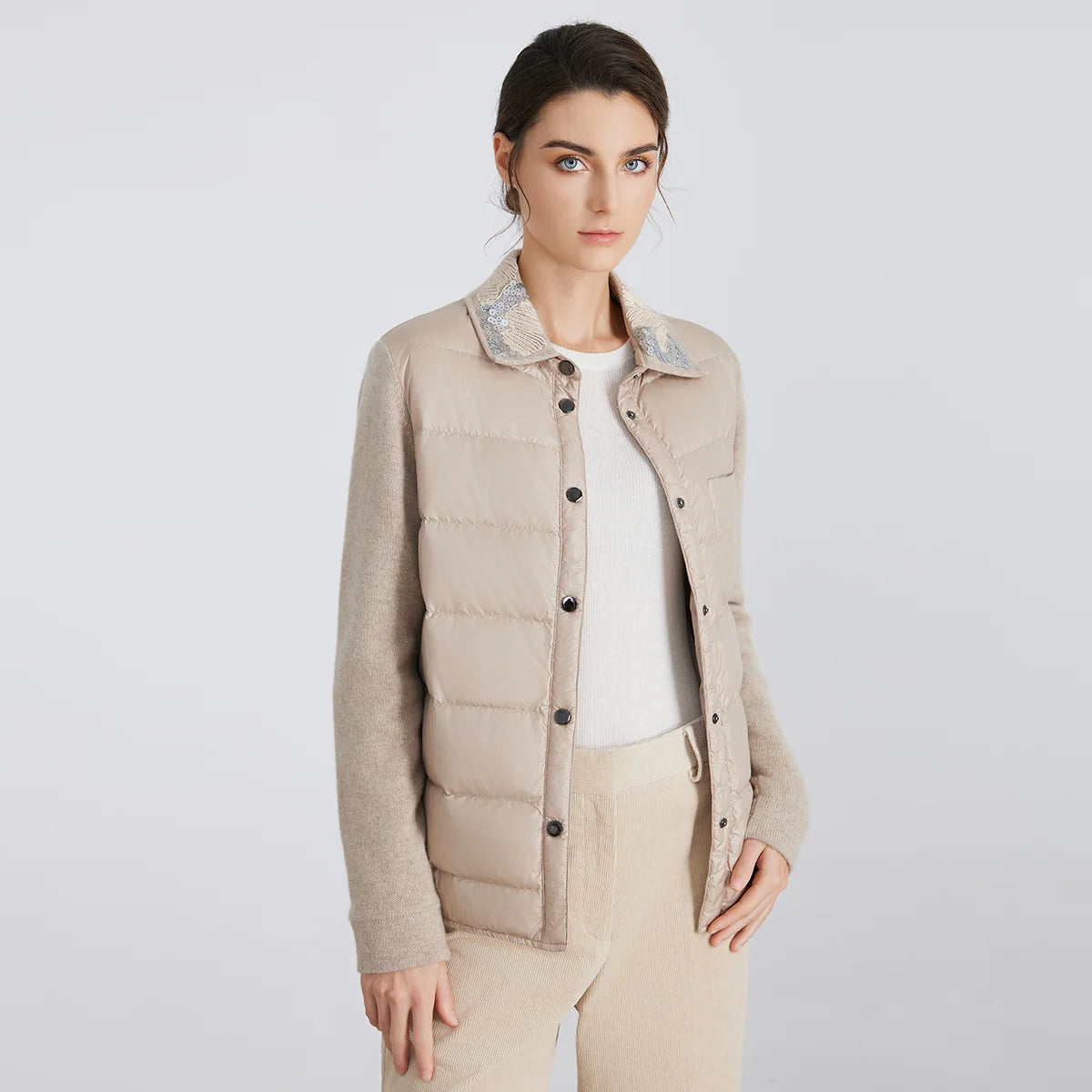 BC911 Polo Collar Spliced 100% Cashmere Long Sleeve Single Breasted White Goose Down Jacket for Women