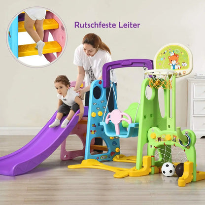 6-in-1 Children's Slide with Swing,Slide with Basketball Hoop&Football Goal&Throwing Game&Desk Top,for Children from 3 Years