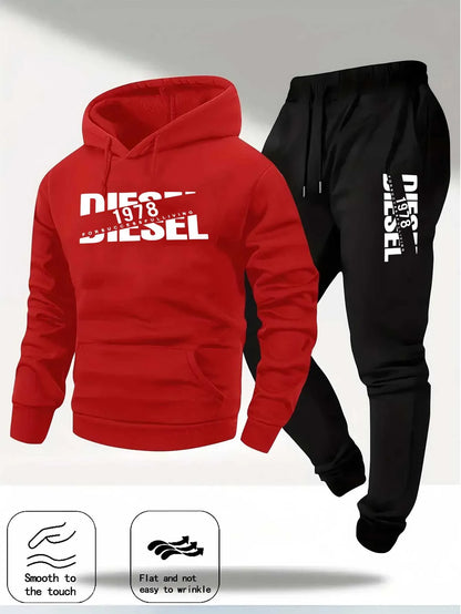 Men Fashion Print Tracksuit Hooded Sweatshirt+Sweatpants Set Autumn Winter Casual Fitness Jogging Sports Two-Piece Unisex Outfit
