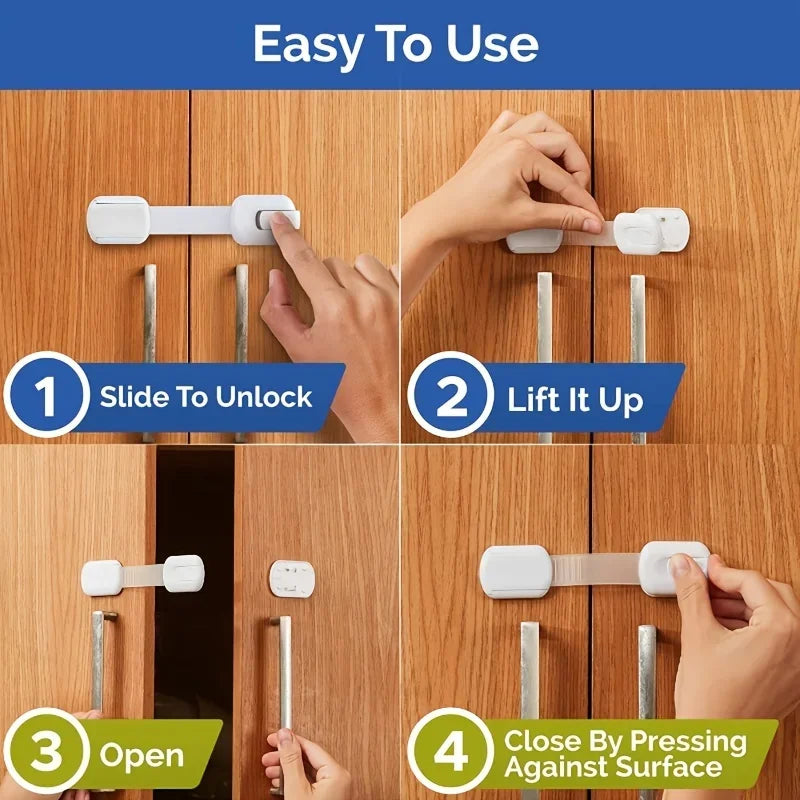 1-10pc Child Safety Strap Locks Baby Locks for Cabinets and Drawers, Fridge & More. Adhesive Pads.No Installation Required