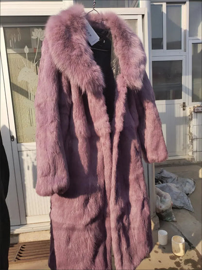 Real Rex Rabbit Fur Coat Women Autumn Winter Long Jacket Thick Warm New Fashion Fox Fur Collar Elegant Female Warm Outerwear